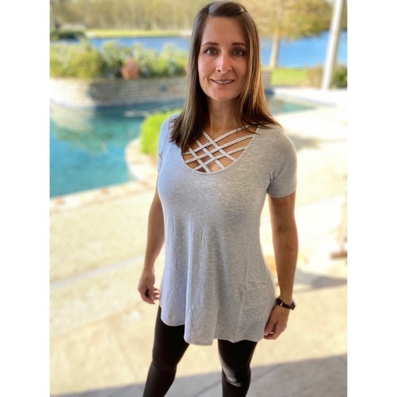 Triple Lattice Criss Cross Cutout Tunic Gray 4920 - Picture 1 of 4